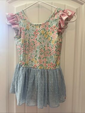 Cheeky Plum 8y Girls Floral Ruffle Sleeve leotard with Blue Skirt